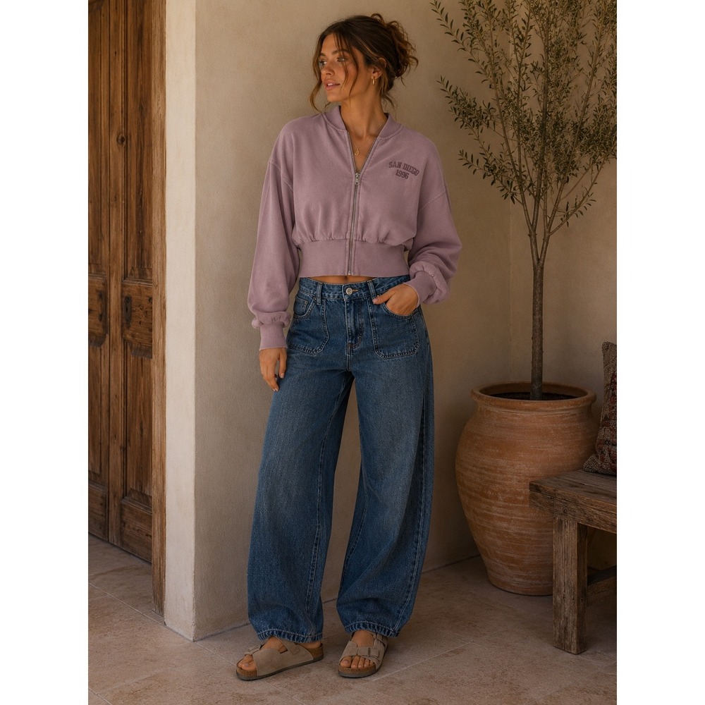 Zara Womens San Diego 1996 Cropped Zip Up Bomber Sweatshirt‎ Purple Small